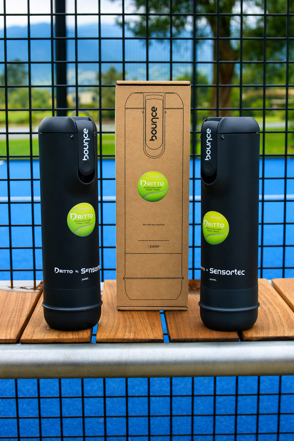 Bounce para pádel y tenis junto a empaque Dritto en cancha