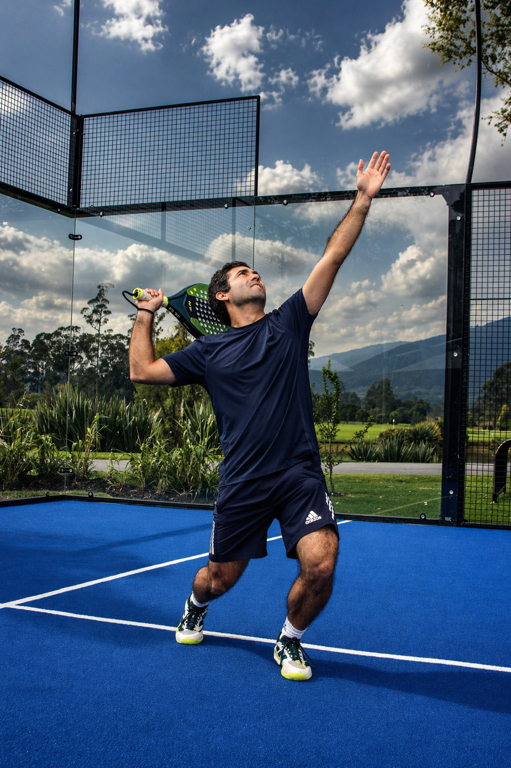 Jugador en saque al aire libre con pala de pádel